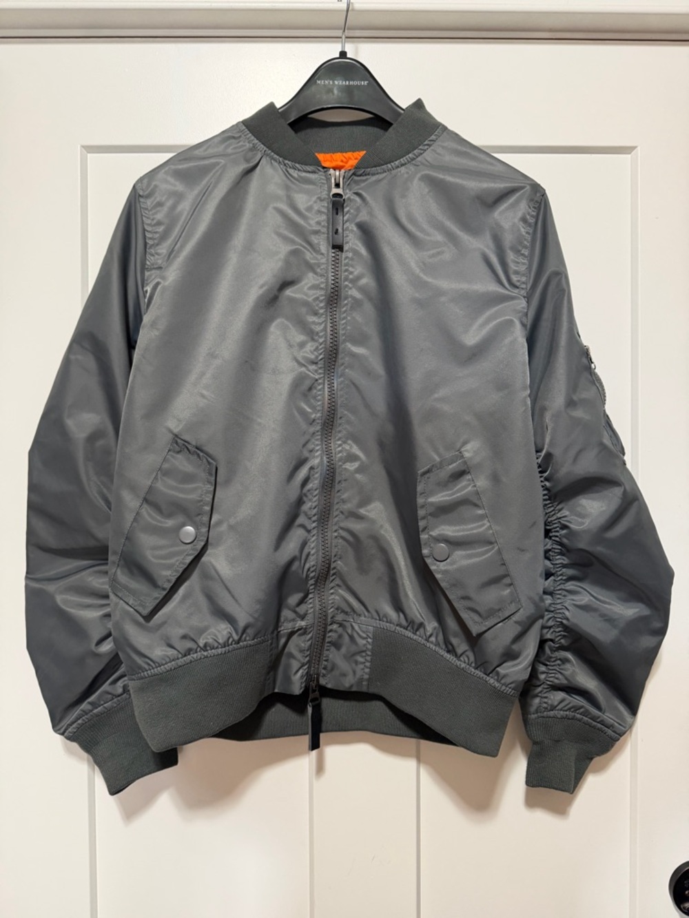EUC Men’s Ring of Fire jacket, olive green with orange lining, nylon w/ poly, L